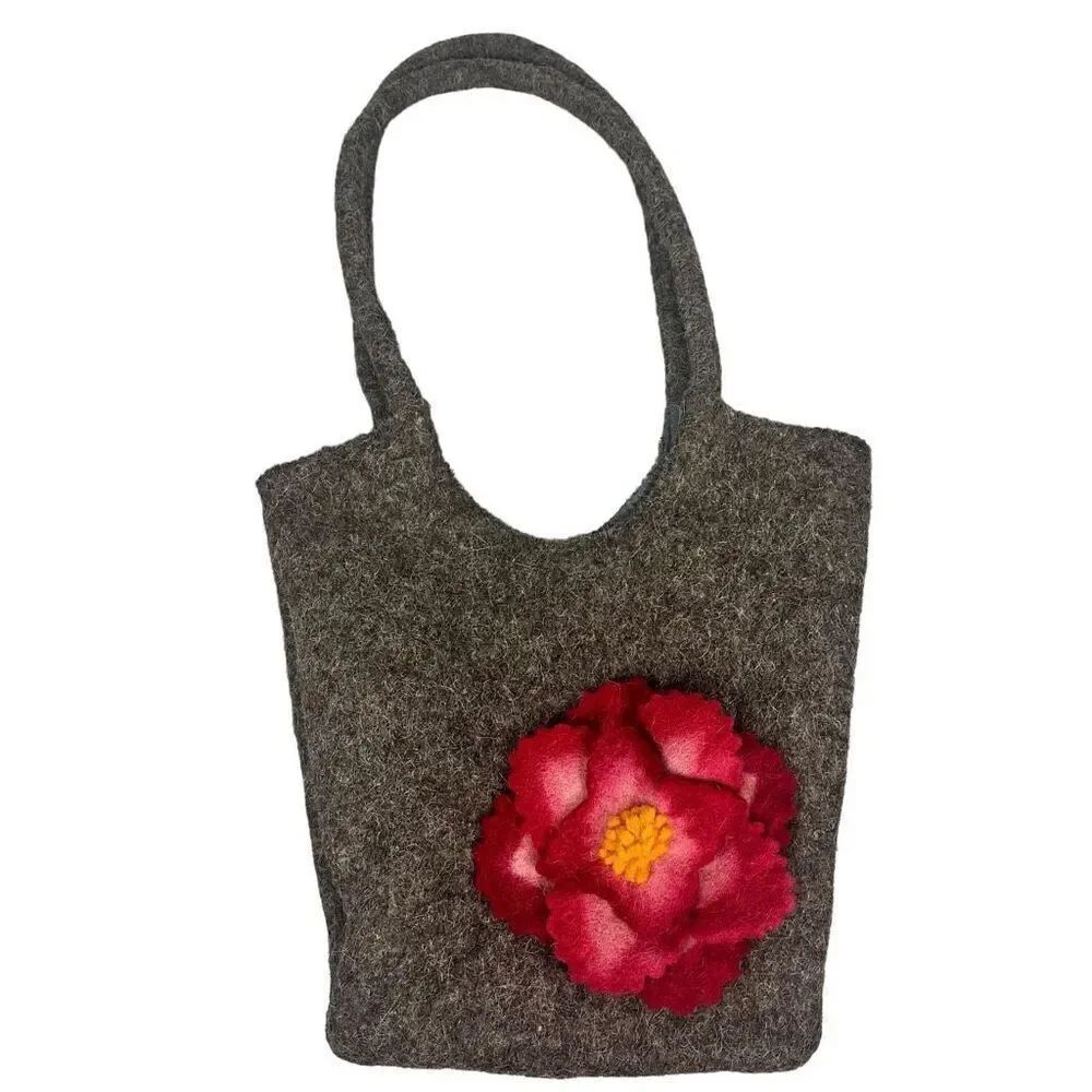 Brown Felted Wool Bucket Handbag Purse with Flower Accent